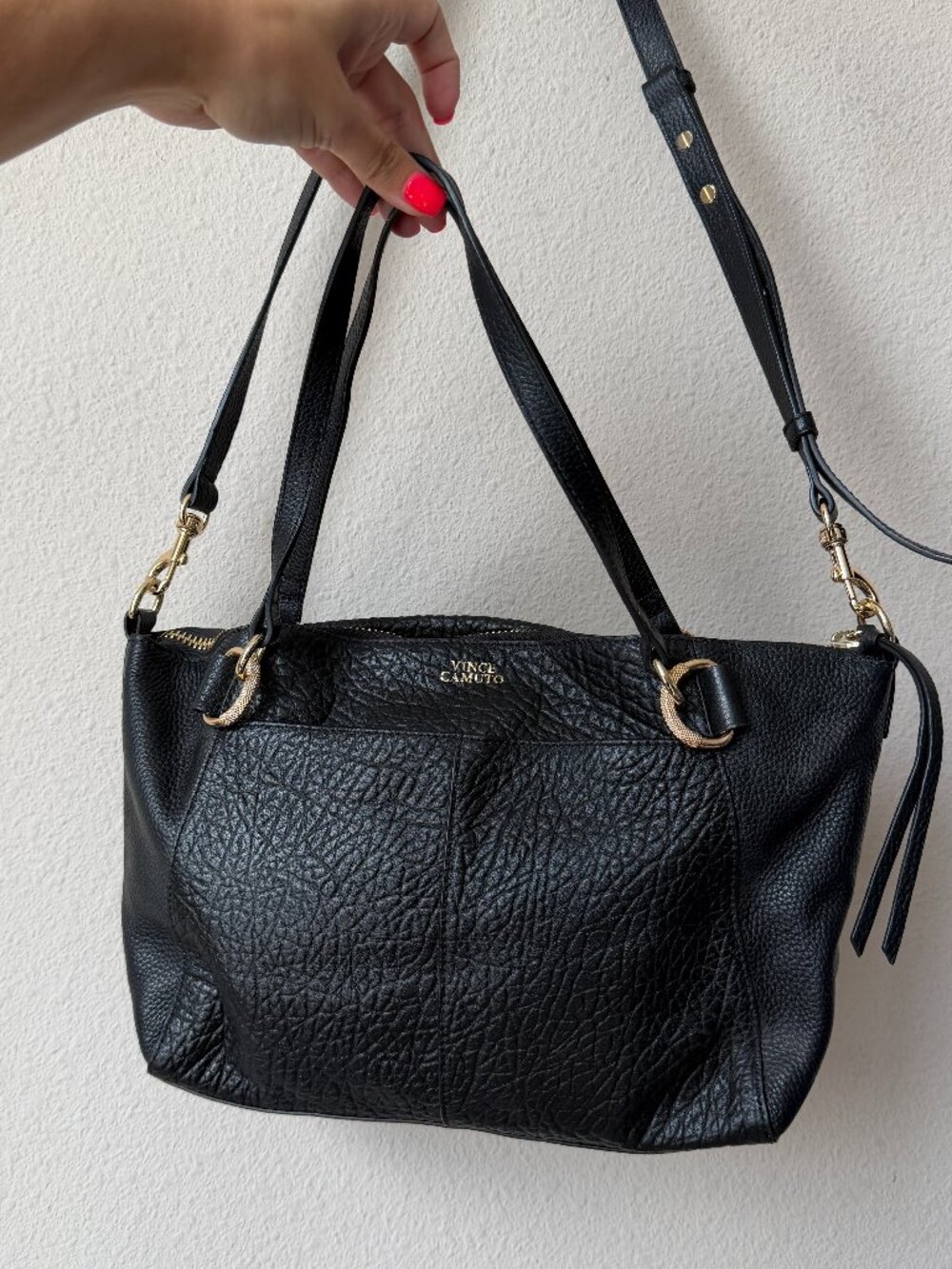 Vince Camuto Raya Pebbled Leather Tote Satchel Bag in Black